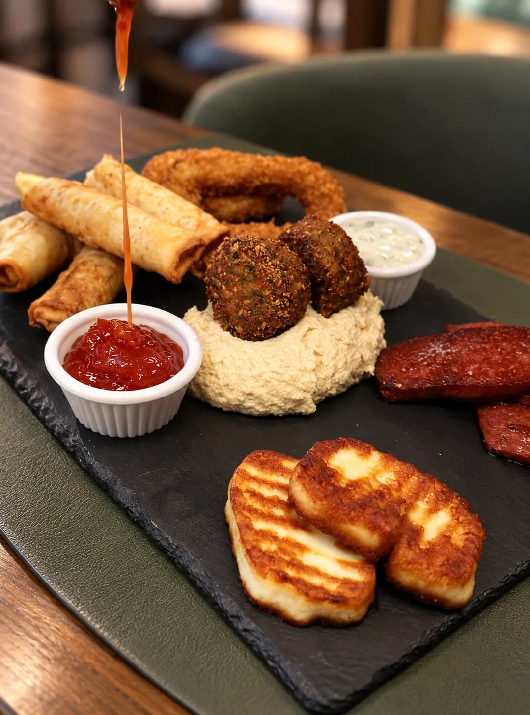 Hot meze board with halloumi, falafel, sucuk and calamari