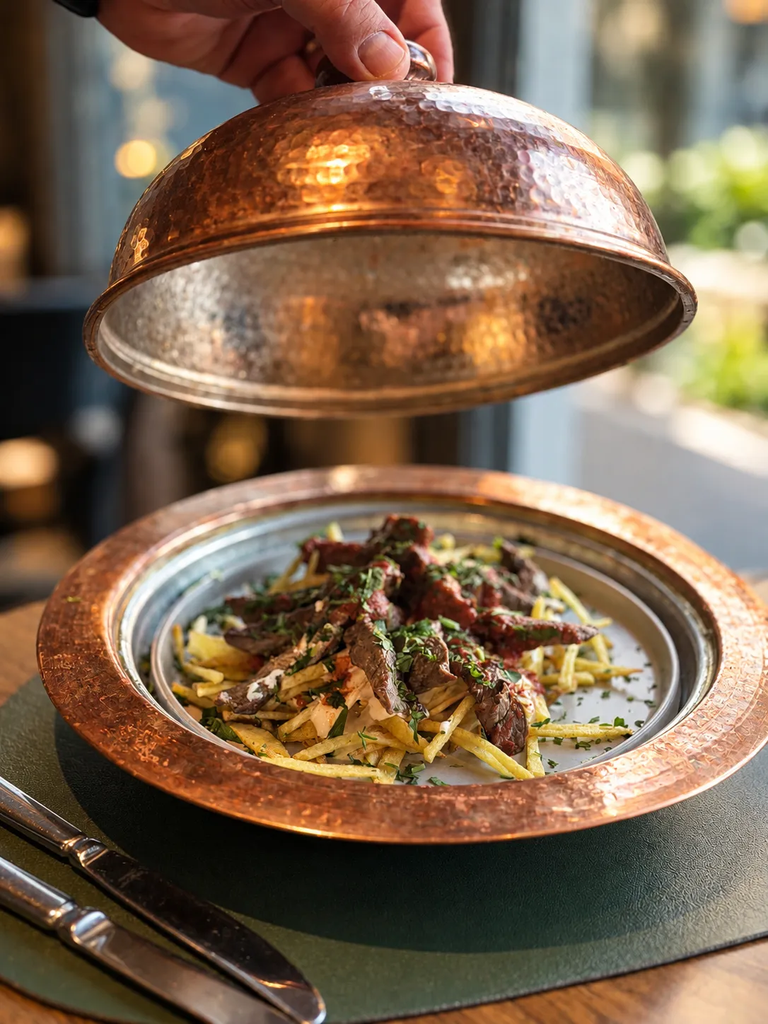 Lamb and potatoes revealed beneath a copper cloche