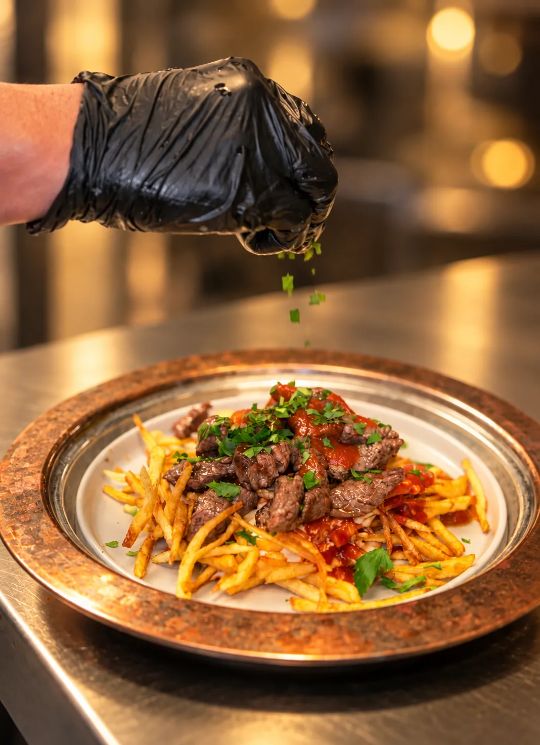 Sautéed lamb on fries finished with fresh herbs
