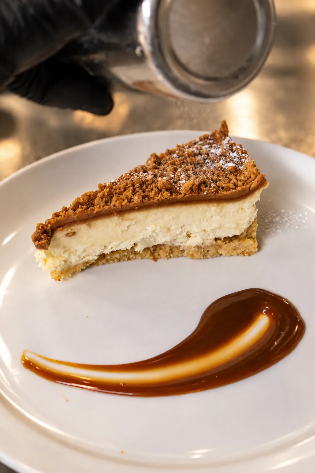 Cheesecake slice with caramel sauce