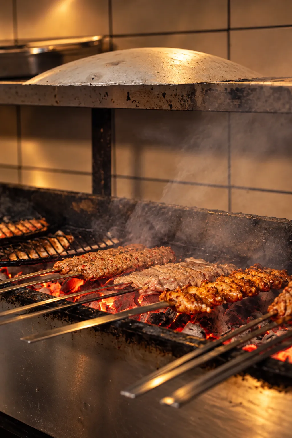 Kebabs grilling over real charcoal