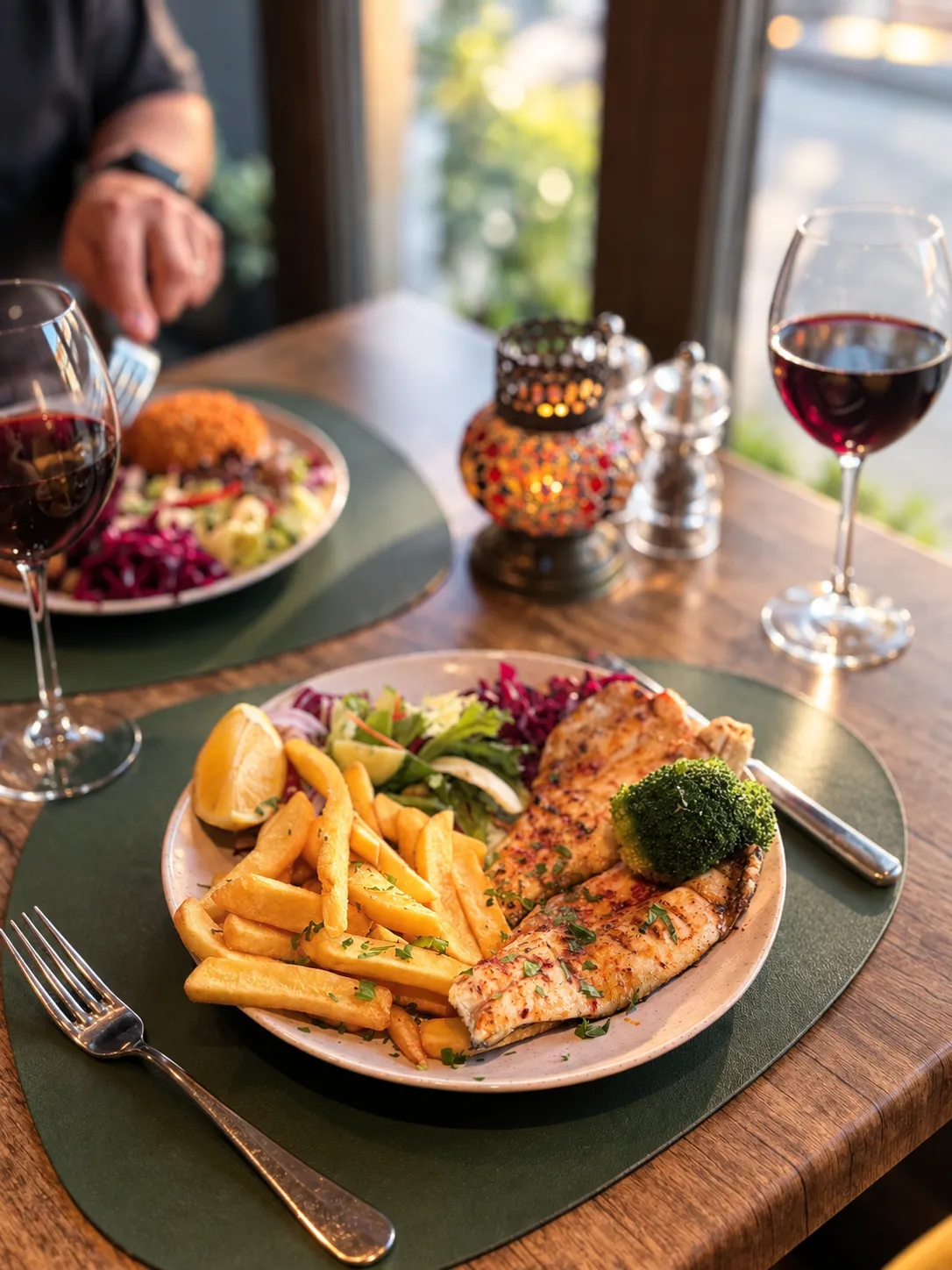 Sea bass fillet with chips and salad by the window
