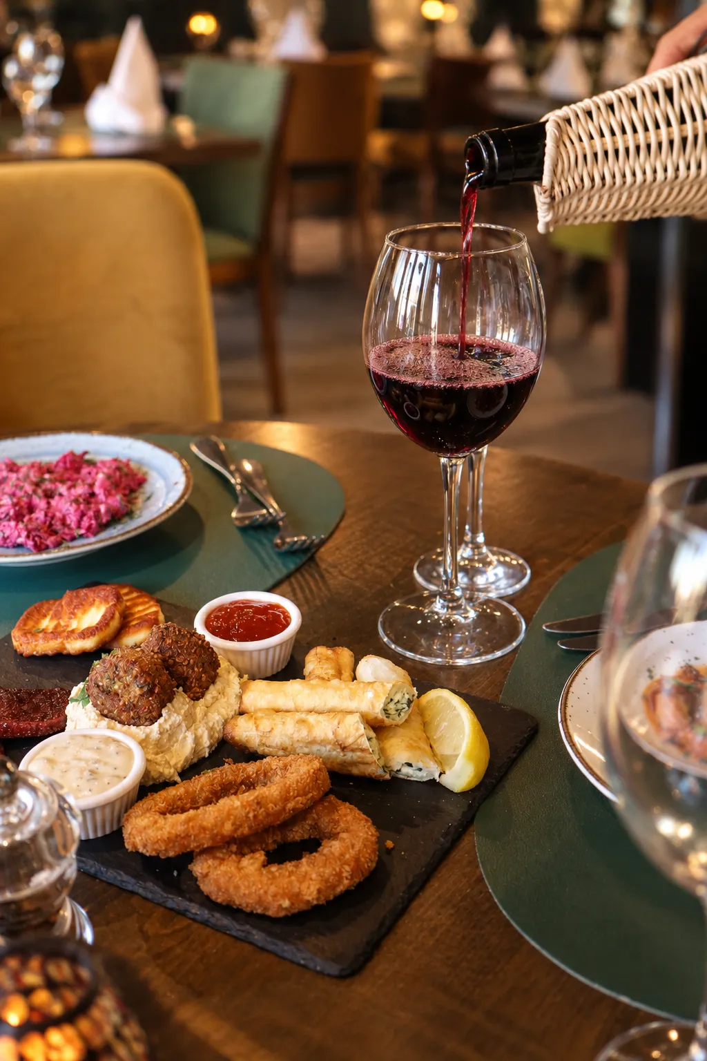 Red wine poured beside a hot meze board