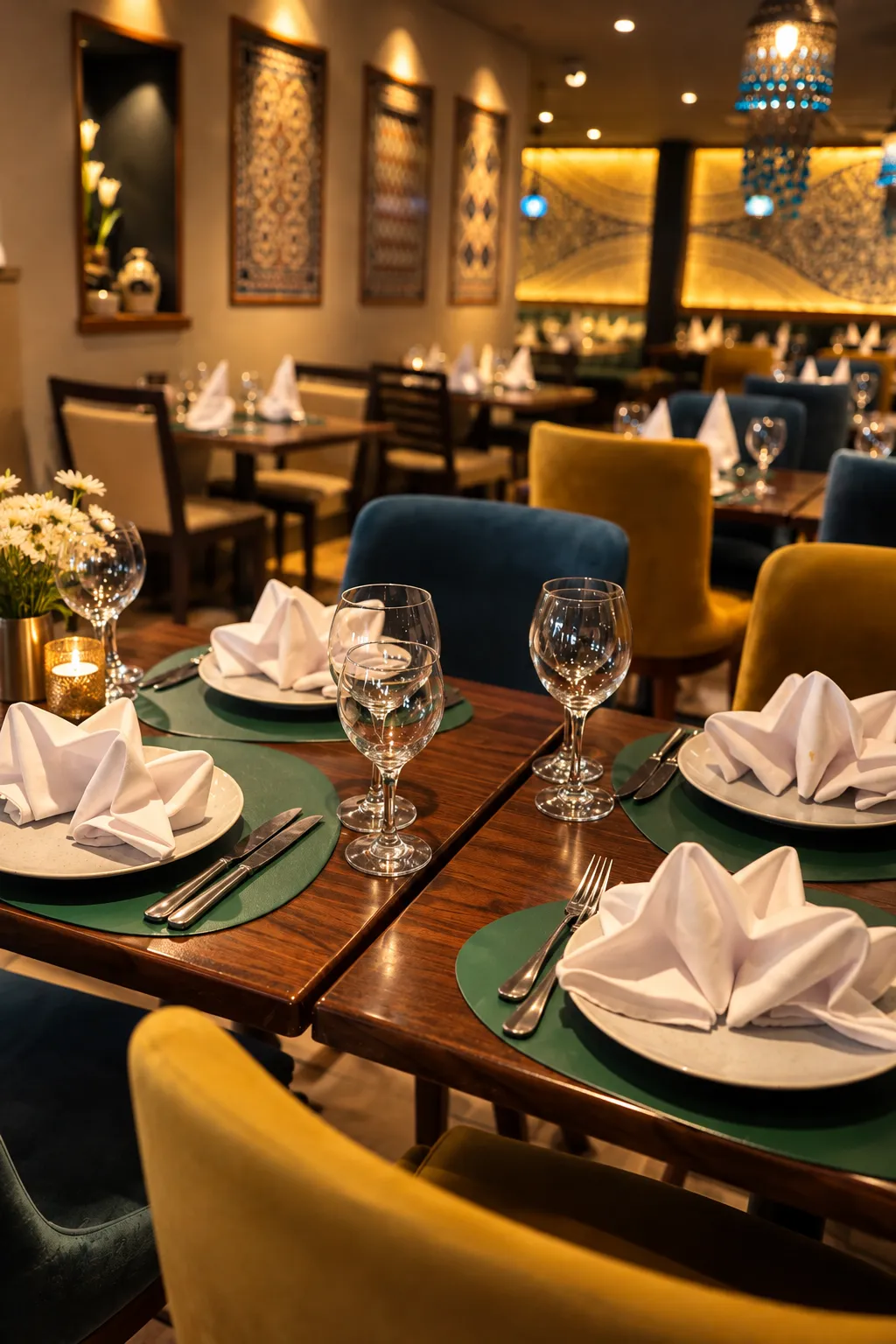 Warmly lit table settings