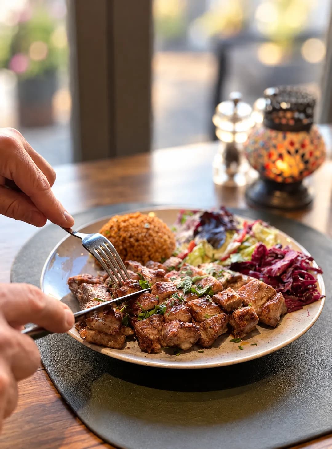 Charcoal-grilled lamb with bulgur and salad