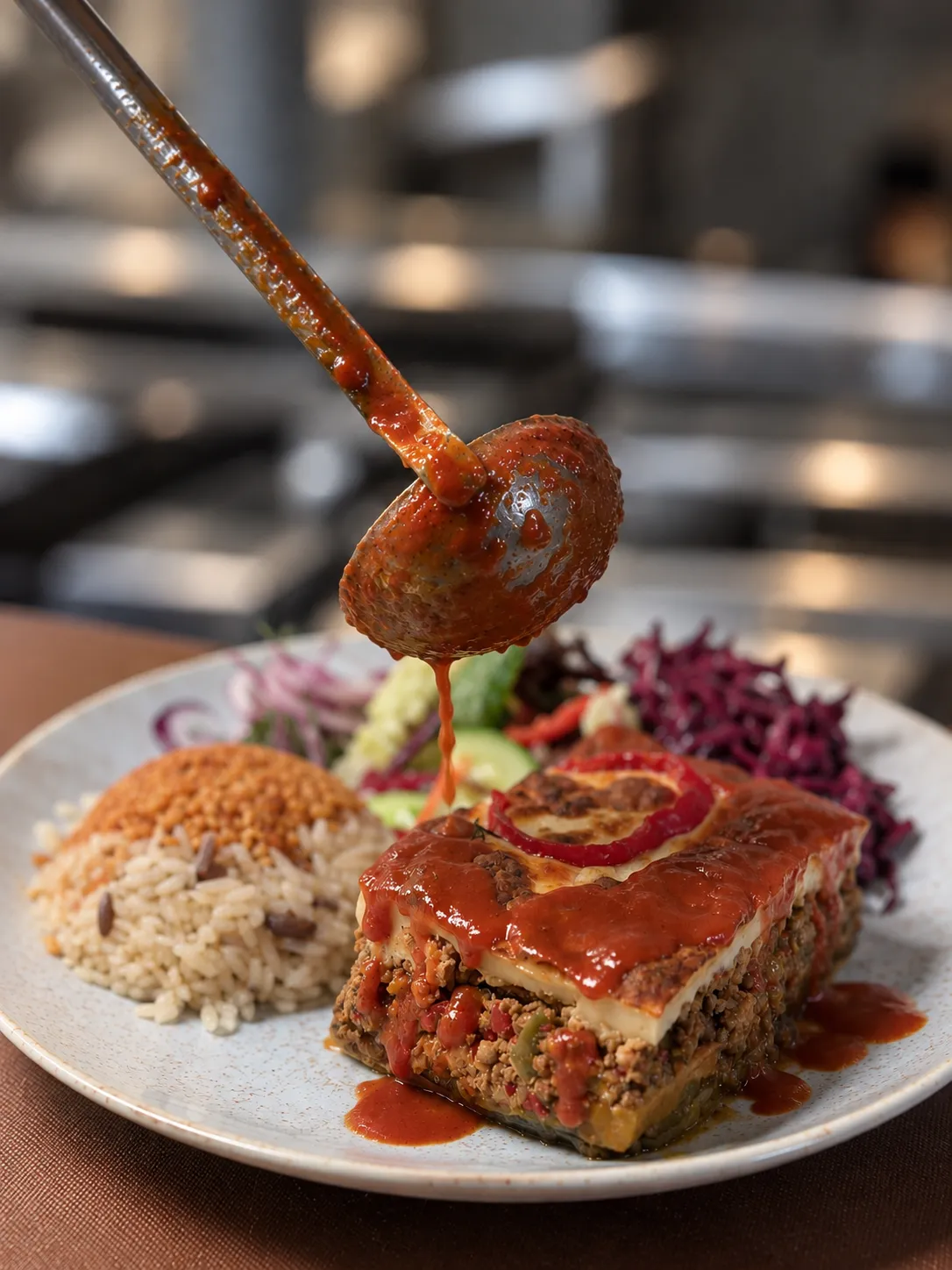 Layered casserole topped with rich tomato sauce