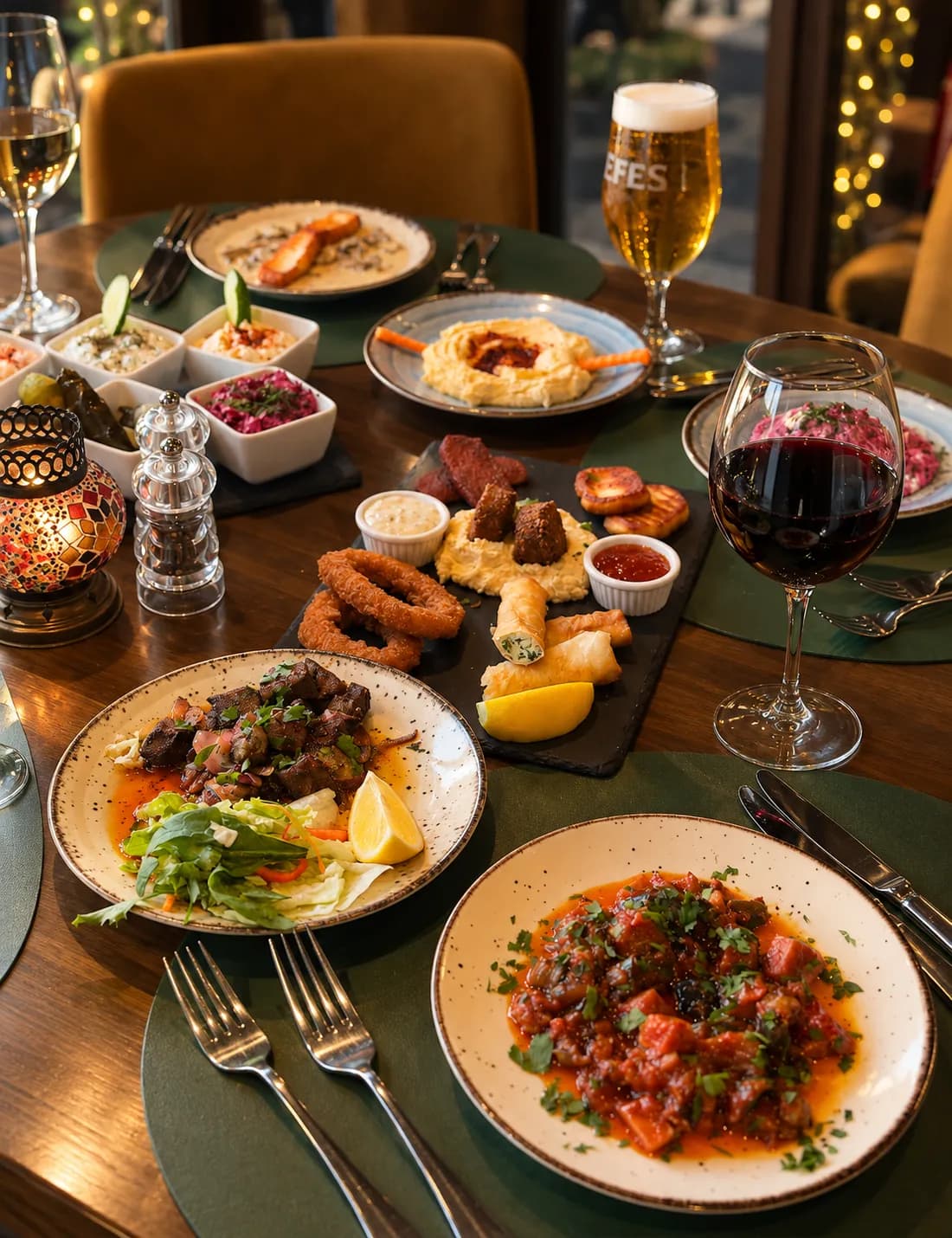 A full Turkish table spread with wine and beer